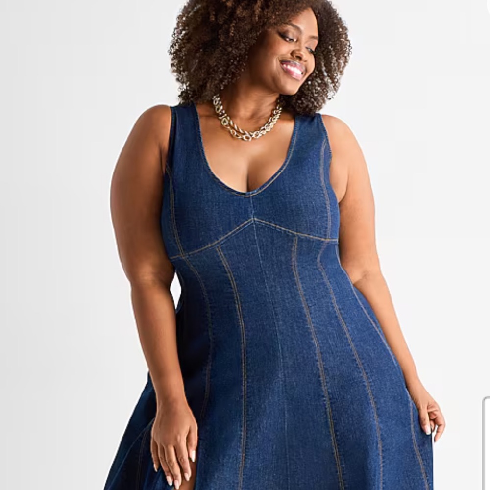 Ashley Graham Dark Denim Midi Dress with Side Slit Sz 18W NWT - Picture 3 of 9